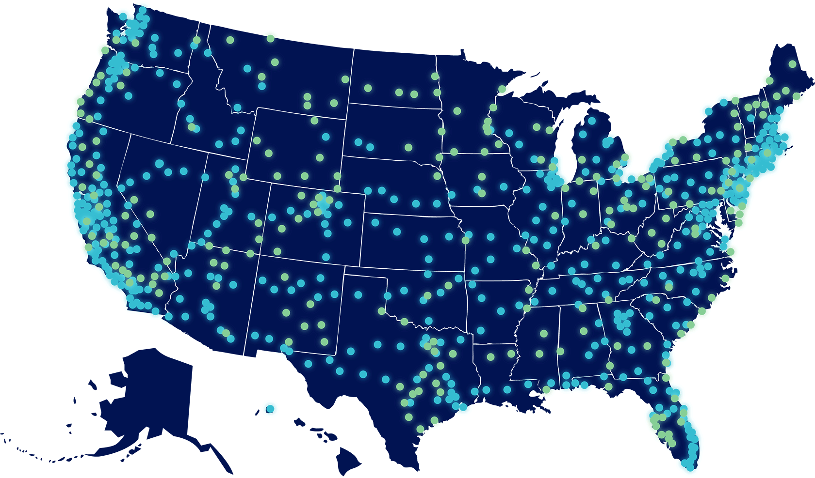 Map of America with hundreds of light blue dots denoting stations in operation or development as of August 2022. The same map has over a hundred light green dots denoting planned station locations by 2026. Network map coverage for illustrative purposes only.